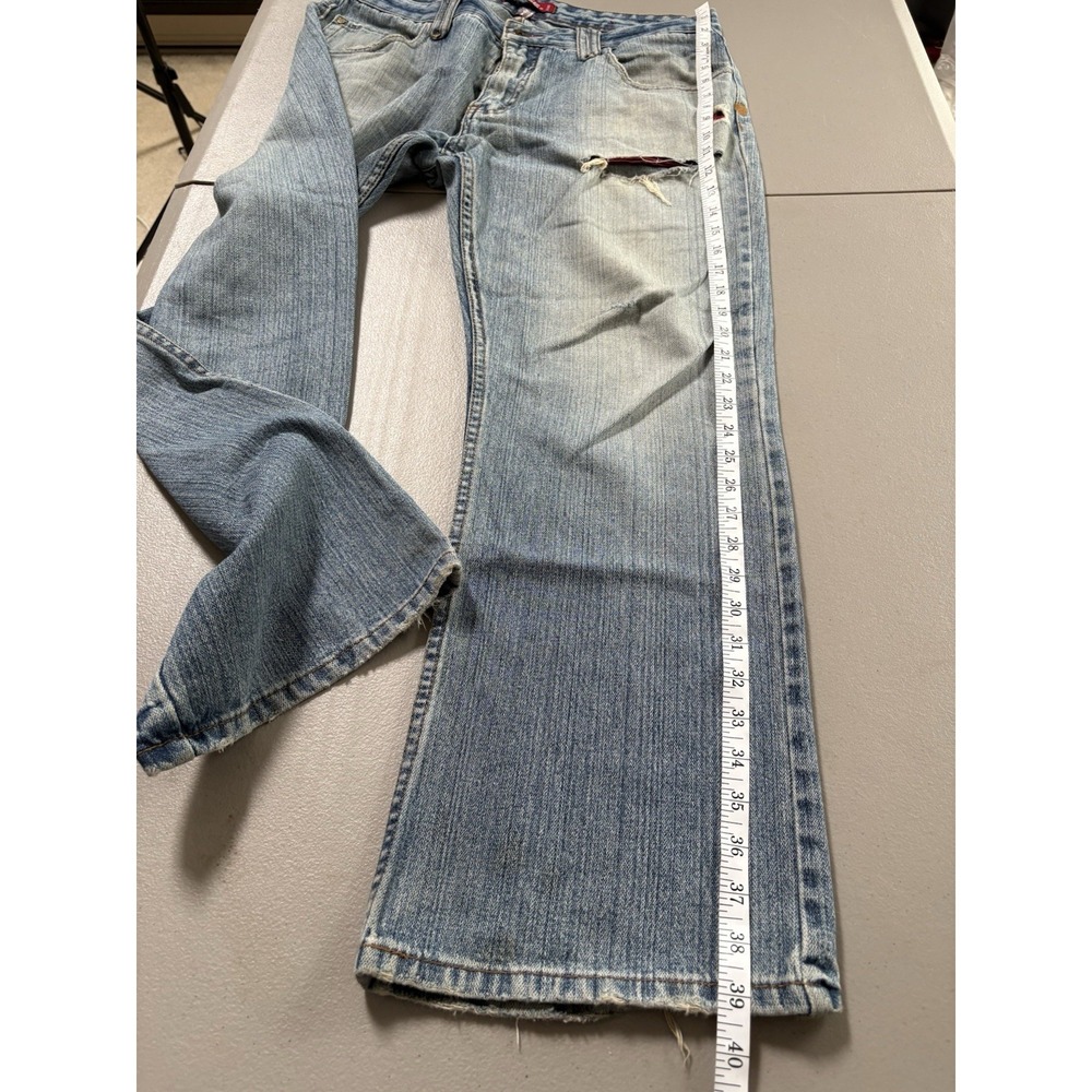 Y2K Plugg Jeans Co Mens 34x30 Bootcut Ripped Denim Jeans Medium Wash 100% Cotton - Picture 15 of 15
